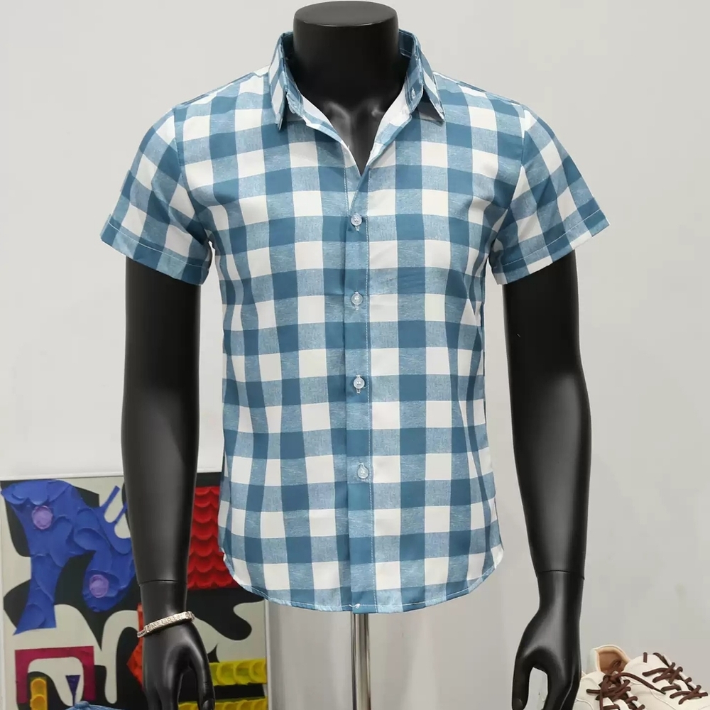 Blue Gingham Fitted Short Sleeve Shirt